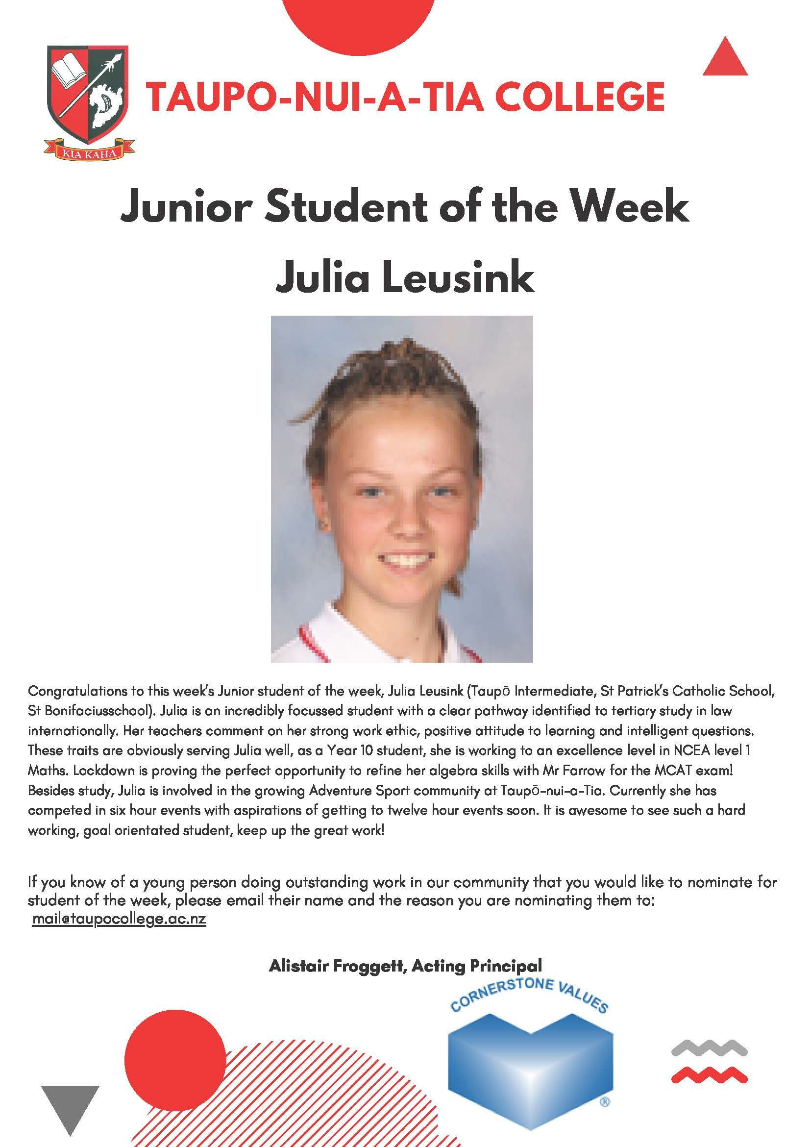 Junior Student Of The Week Term 3 Week 5