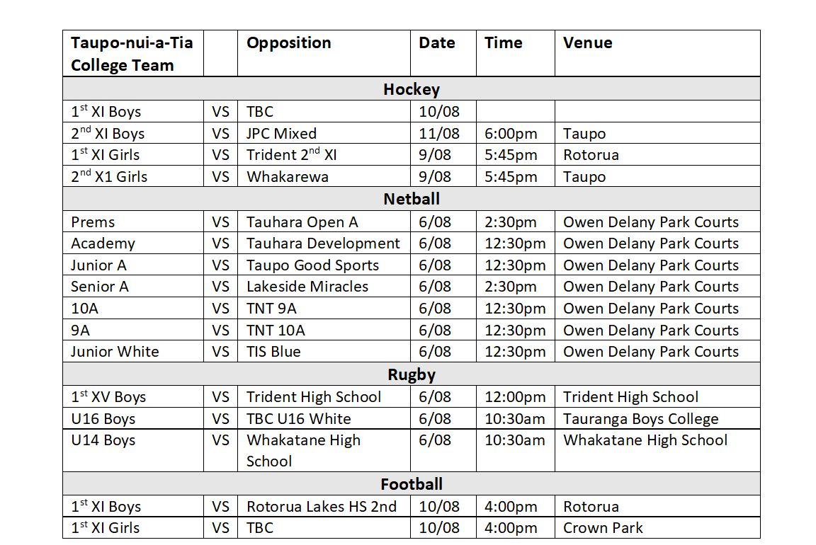 Sports Fixtures--6th-12th August