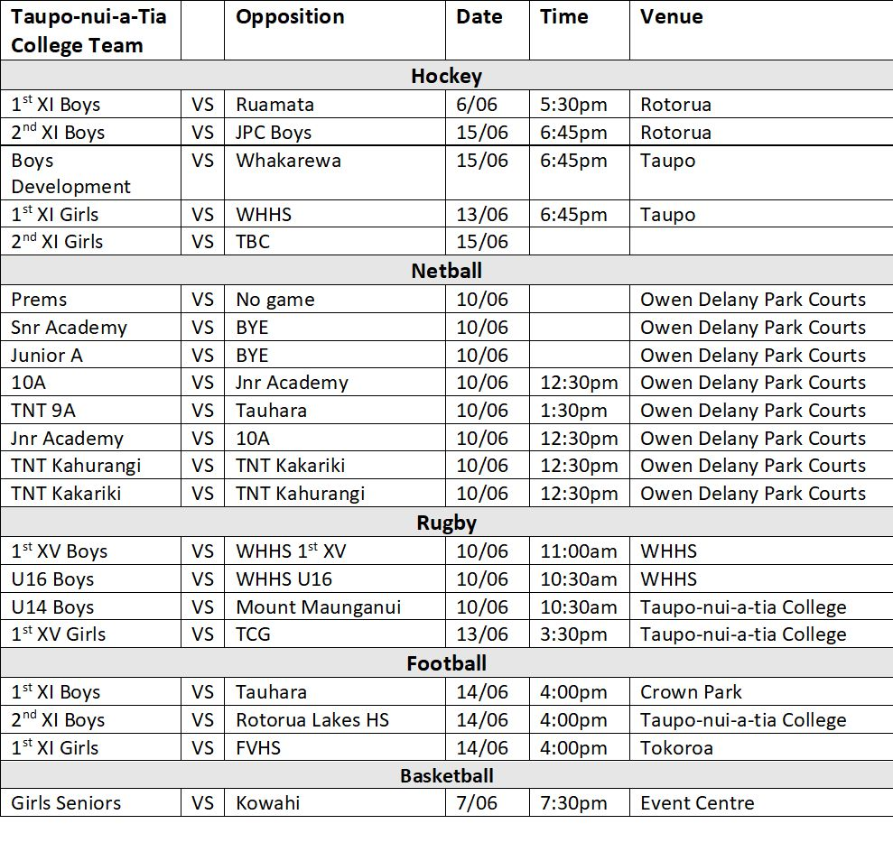 Sports Fixtures - 9-16th June