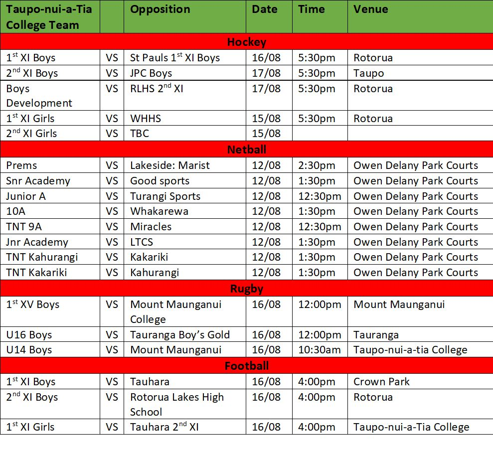 Sports Fixtures - 11th-18th August