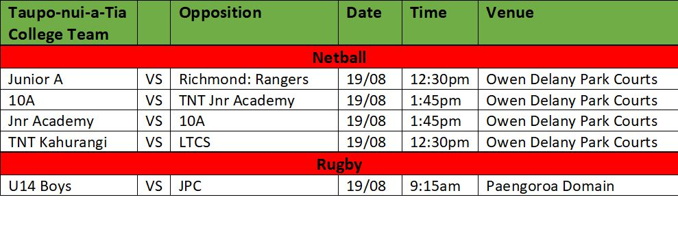Sports Fixtures - 19th August