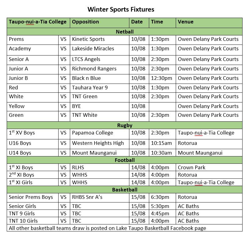 Winter Sport Fixtures 10 August- 16 August