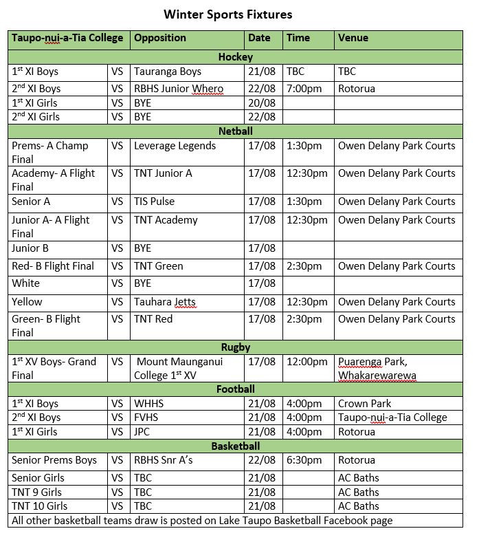 Weekly sports fixtures 17- 23 August