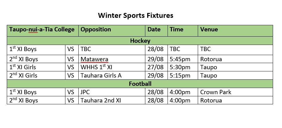 Weekly Sport Fixtures 24 August- 30 August